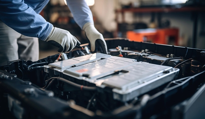 Un meccanico maneggia con guanti protettivi una batteria al litio di grandi dimensioni in un'officina